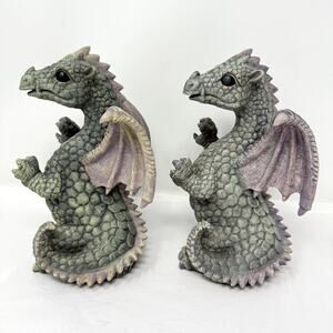 Jaimy Dragon Figurines Pair Resin Fantasy Statues Purple Wings 6” Decor READ